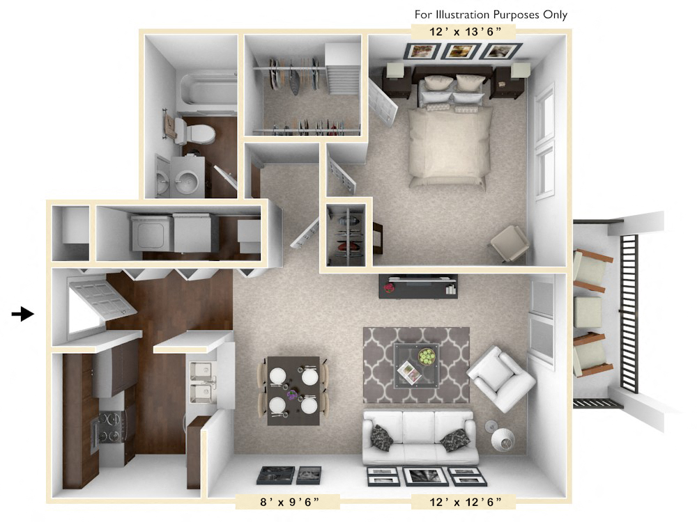 Floor plan for 1 bed, 1 bath, 718 sqft